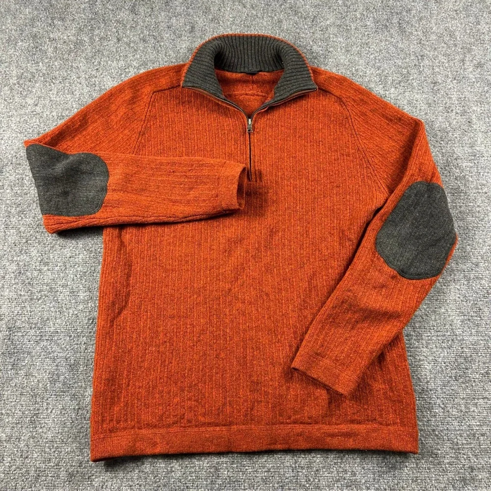 Banana Republic Sweater Mens XL Orange Lambswool Cashmere 1/4 Zip Elbow Patches‎